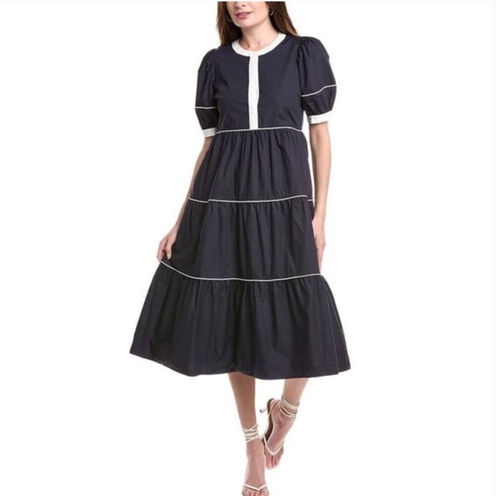 English Factory Black Midi Tiered Dress with White Trim
